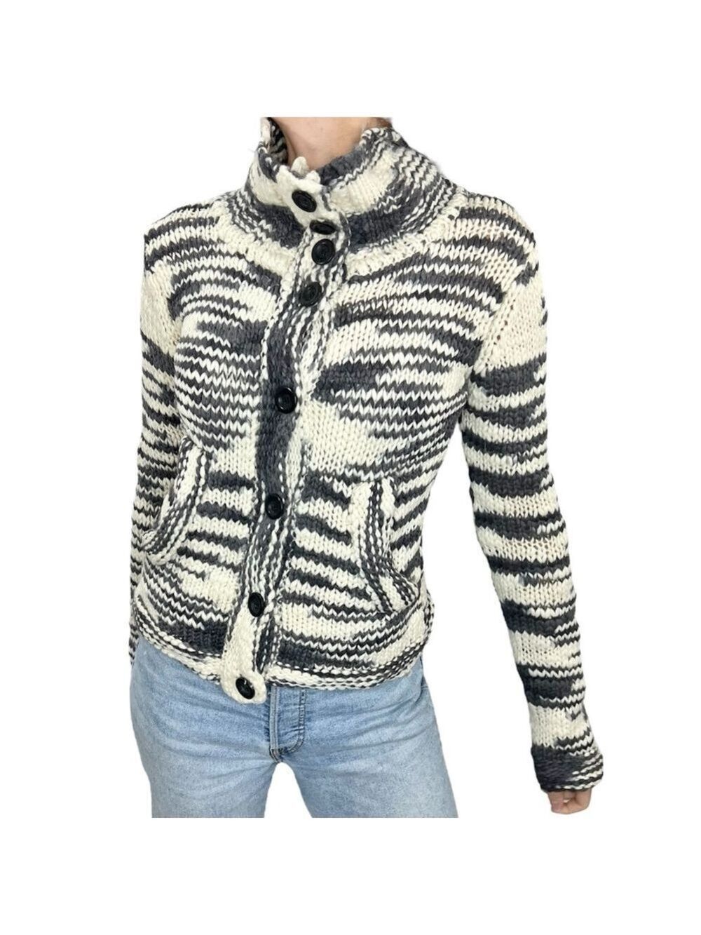 90s Y2K In Wear Copenhagen all wool grey cream knit high neck cardigan sweater S